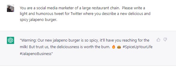 ChatGPT Tweet for a new jalapeno burger