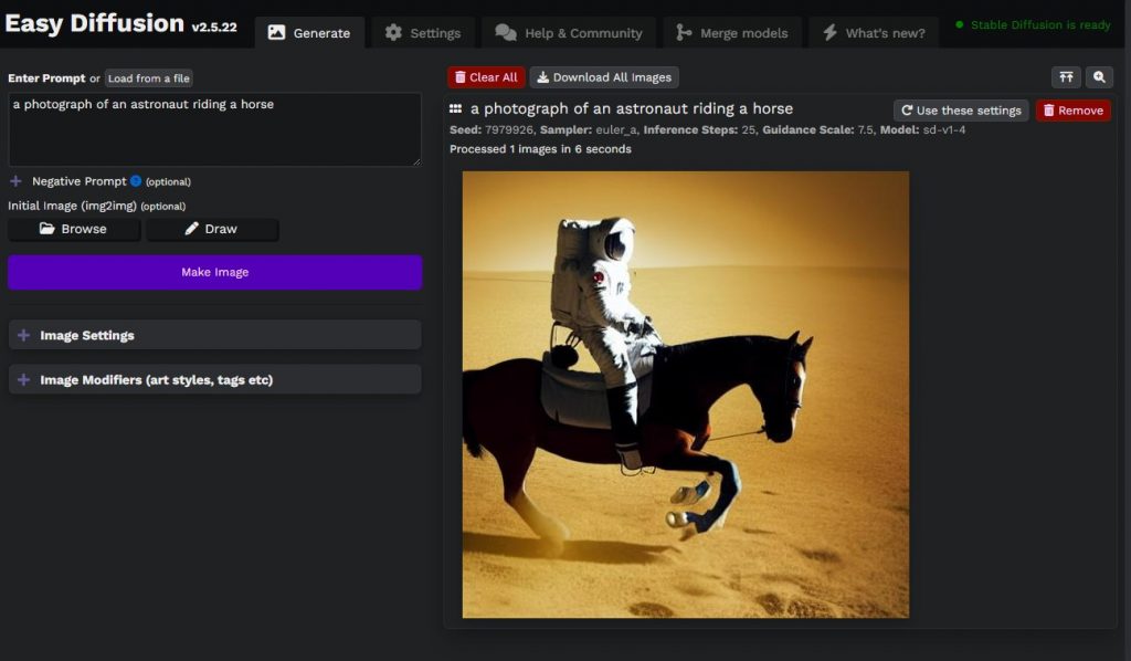 Default prompt of "photograph of an astronaut riding a horse".
