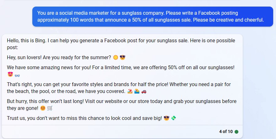 Bing Facebook posting for a sunglasses sale