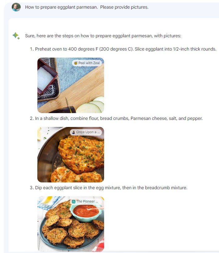 Google Bard providing images for a recipe