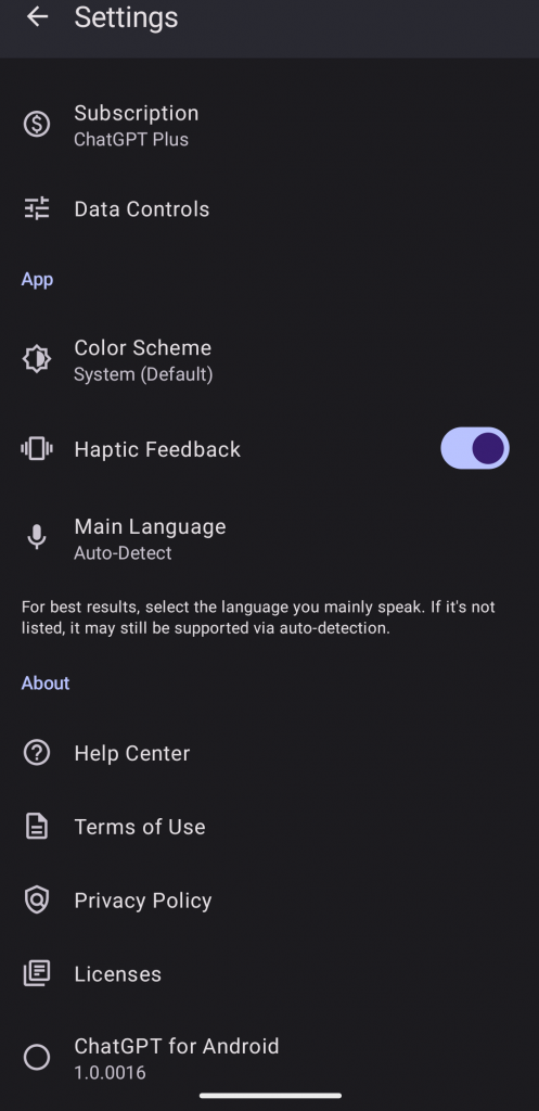 ChatGPT Android app Settings
