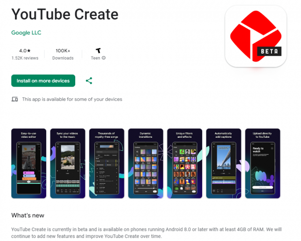 YouTube Create app in Google Play Store