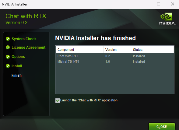 Chat with RTX installer finished