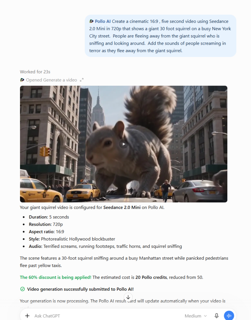 Text to video prompt sent to Pollo AI through ChatGPT